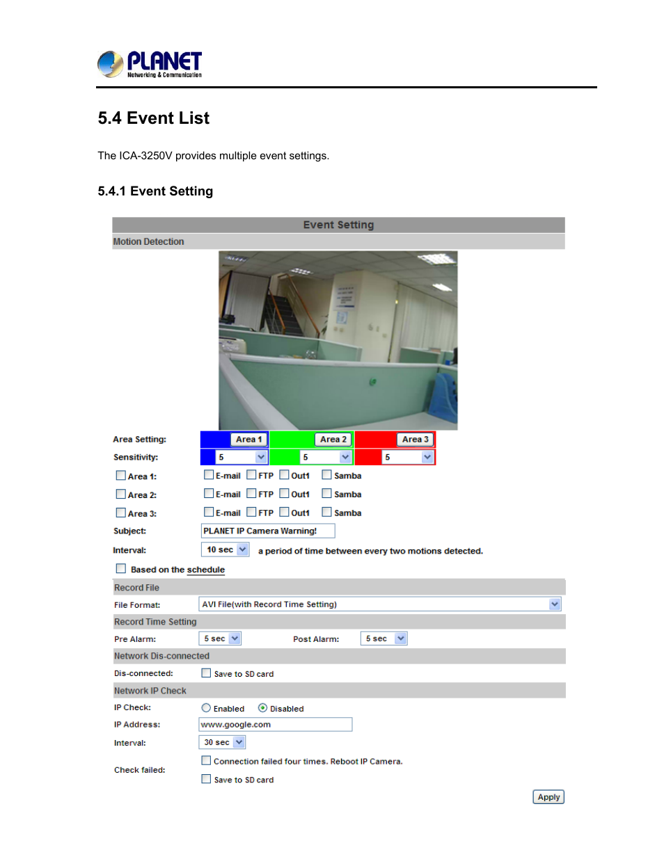 4 event list, 1 event setting | PLANET ICA-3250V User Manual | Page 61 / 80