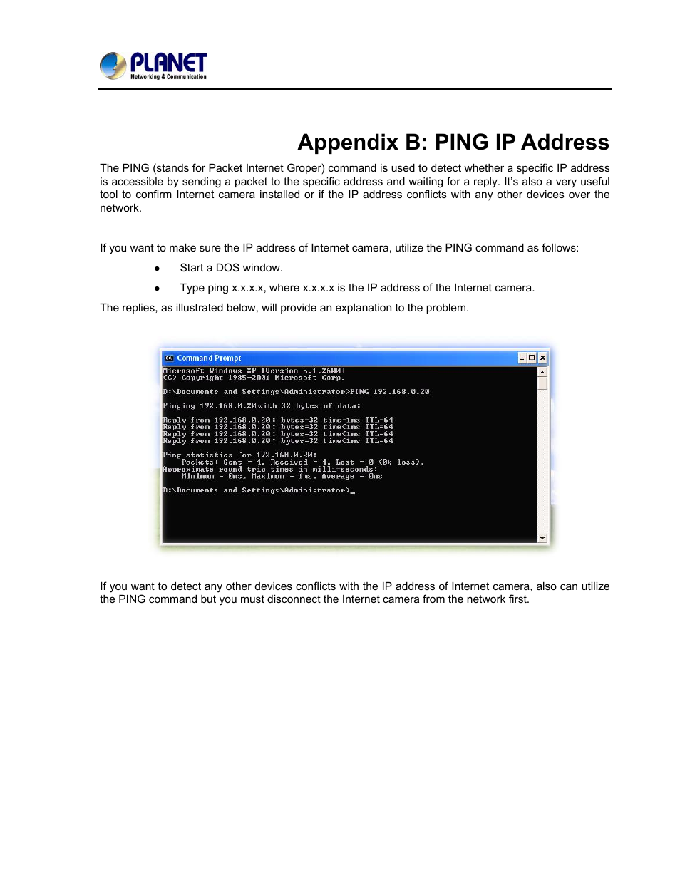 Appendix b: ping ip address | PLANET ICA-3250V User Manual | Page 70 / 80