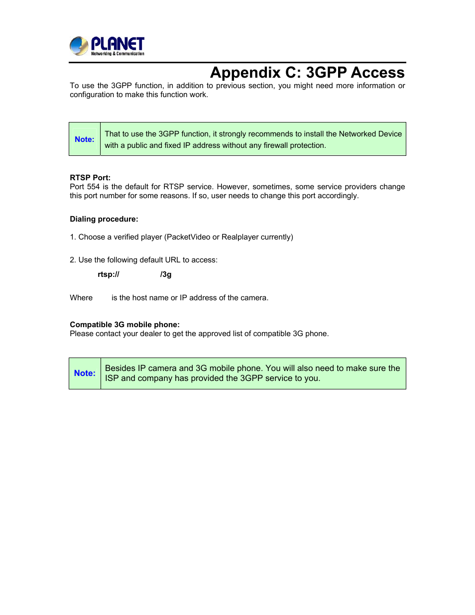 Appendix c: 3gpp access | PLANET ICA-3250V User Manual | Page 71 / 80