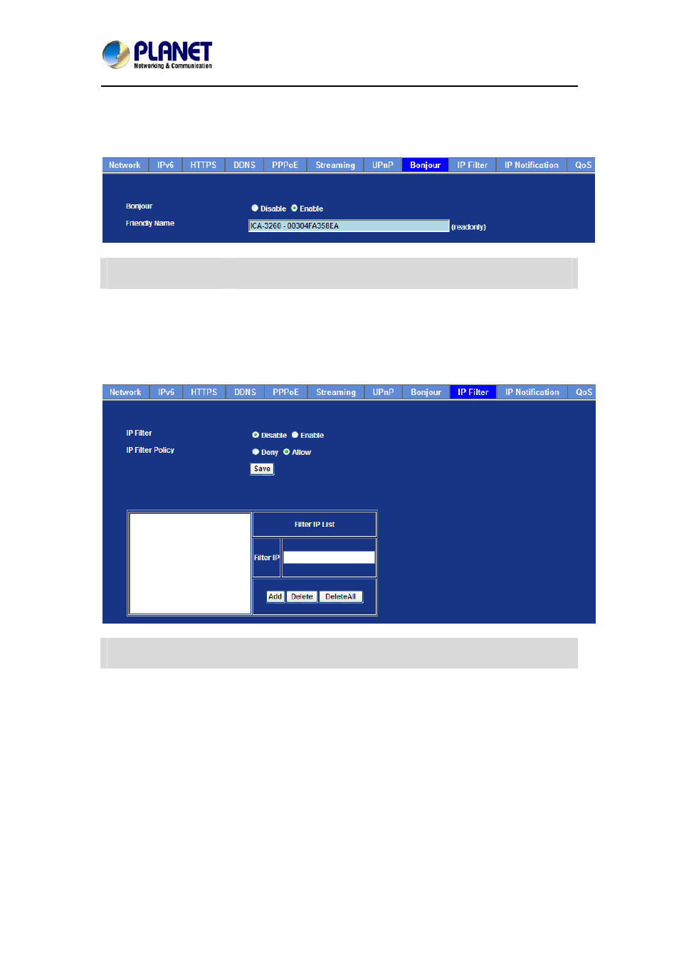 8 bonjour, 9 ip filter, 10 ip notification | 8 bonjour 3.5.9 ip filter 3.5.10 ip notification | PLANET ICA-3260 User Manual | Page 41 / 88