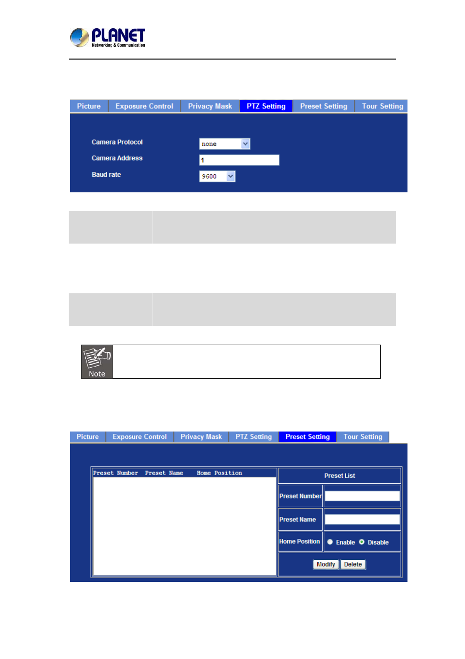 4 ptz setting, 5 preset setting, 6 tour setting | PLANET ICA-3260 User Manual | Page 47 / 88