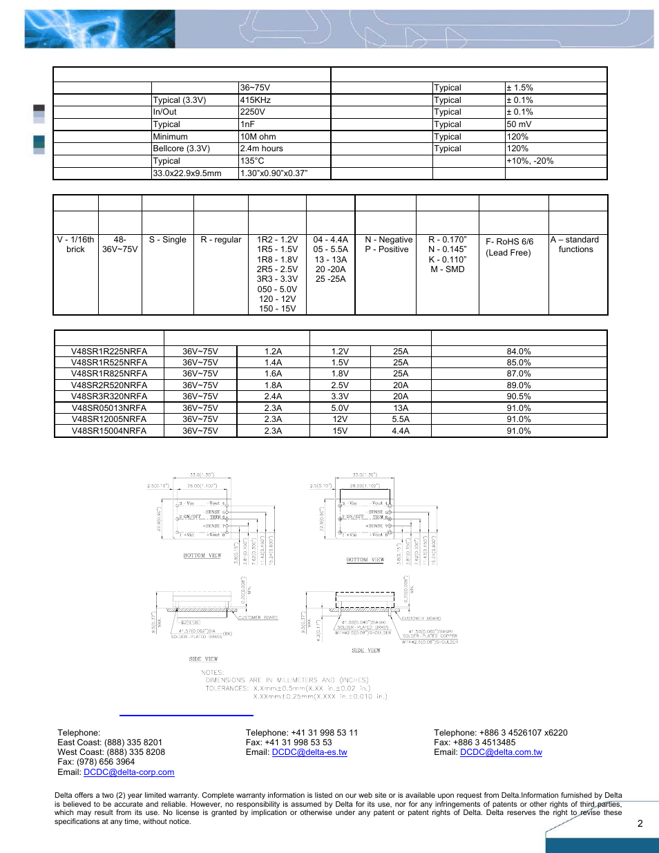 Specifications, Part numbering system, Model list | Warranty | Delta Electronics V48SR User Manual | Page 2 / 2