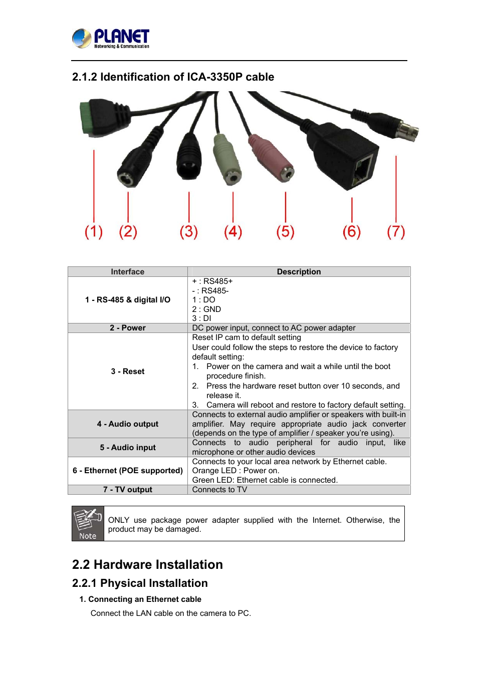 2 identification of ica-3350p cable, 2 hardware installation, 1 physical installation | PLANET ICA-3350P User Manual | Page 12 / 67