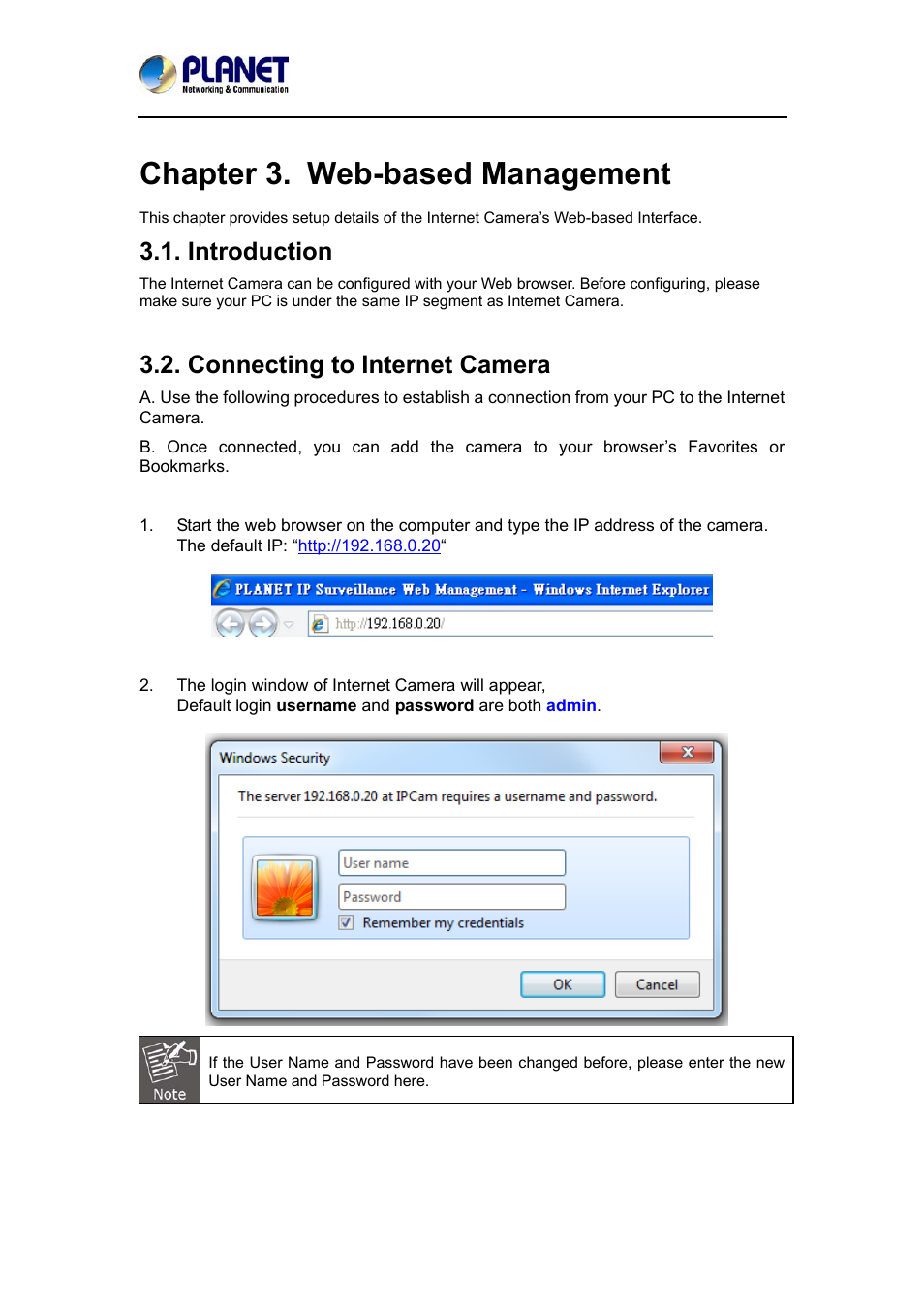 Chapter 3. web-based management, Introduction, Connecting to internet camera | Introduction 3.2. connecting to internet camera | PLANET ICA-3350P User Manual | Page 25 / 67