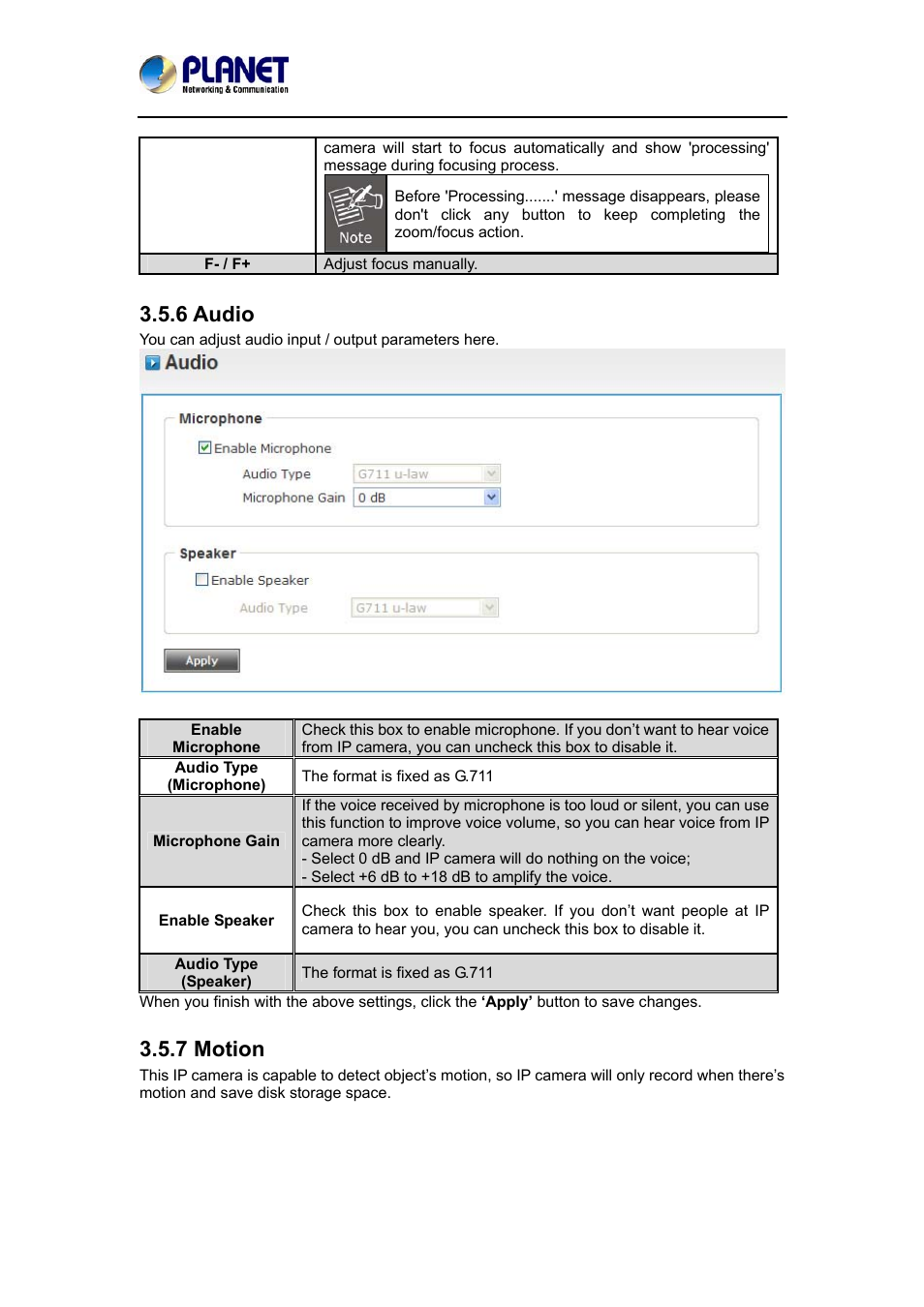 6 audio, 7 motion, 6 audio 3.5.7 motion | PLANET ICA-3350P User Manual | Page 42 / 67