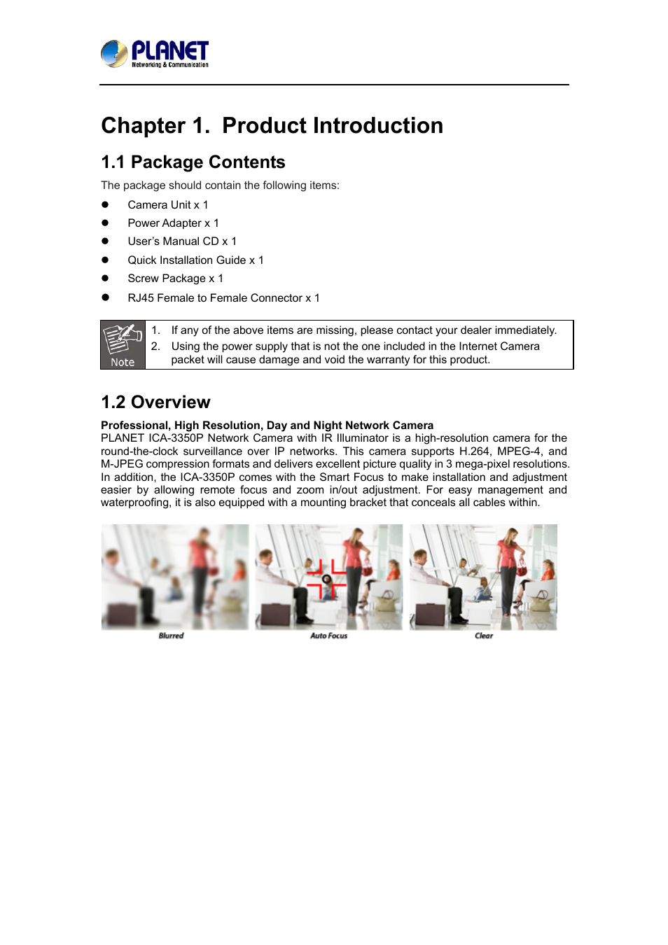 Chapter 1. product introduction, 1 package contents, 2 overview | 1 package contents 1.2 overview | PLANET ICA-3350P User Manual | Page 5 / 67