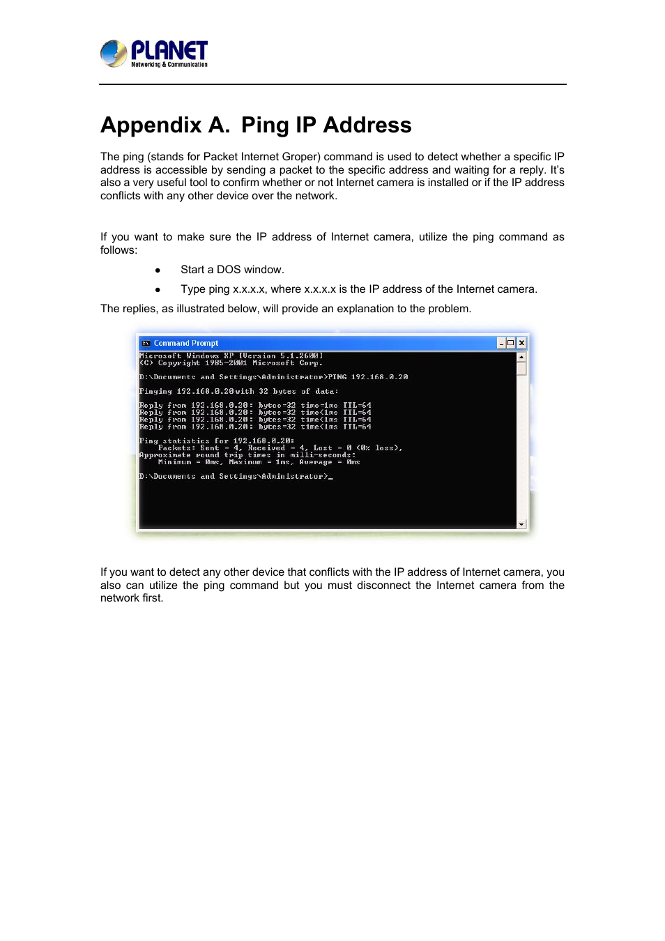 Appendix a. ping ip address | PLANET ICA-3350P User Manual | Page 60 / 67