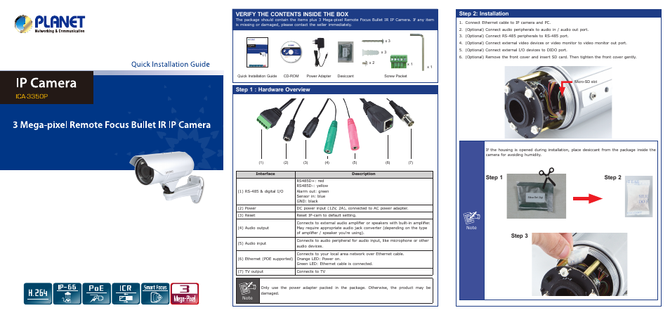 Verify the contents inside the box, Step 1 : hardware overview, Step 2: installation | Step 3, Step 1 step 2 | PLANET ICA-3350P User Manual | Page 2 / 6