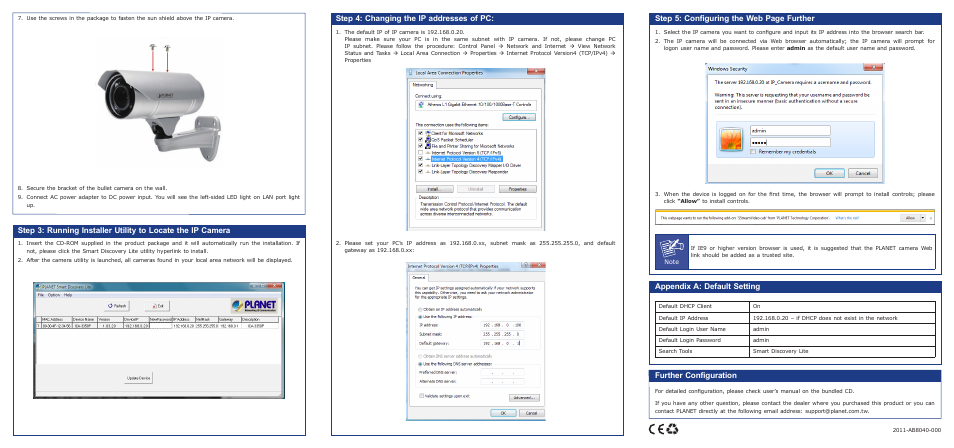 Step 4: changing the ip addresses of pc, Step 5: configuring the web page further, Appendix a: default setting | Further configuration | PLANET ICA-3350P User Manual | Page 4 / 6