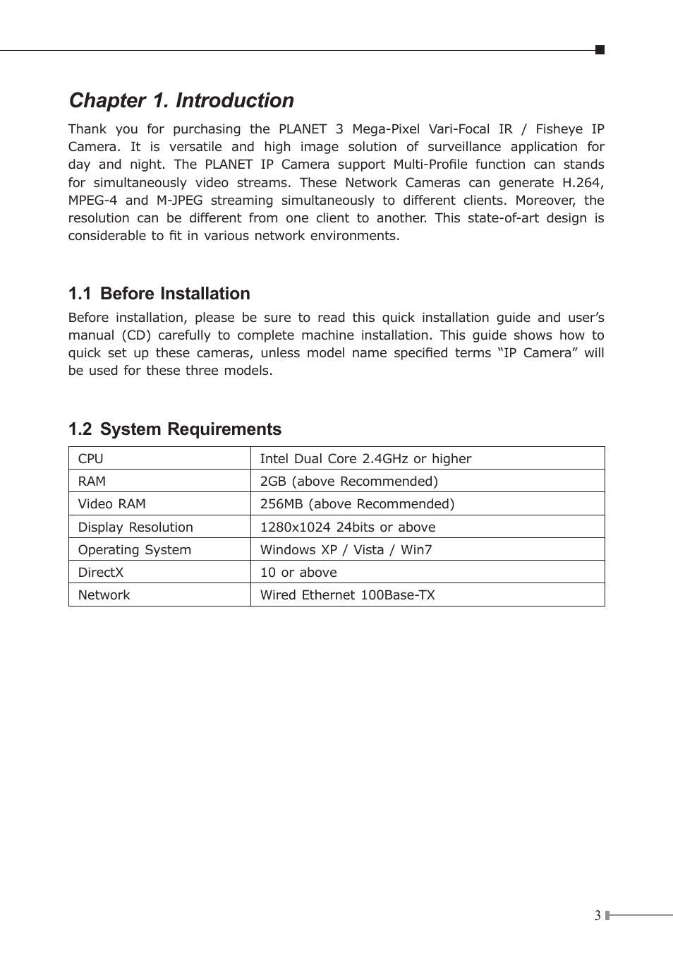 Chapter 1. introduction, 1 before installation, 2 system requirements | PLANET ICA-3350V User Manual | Page 3 / 16