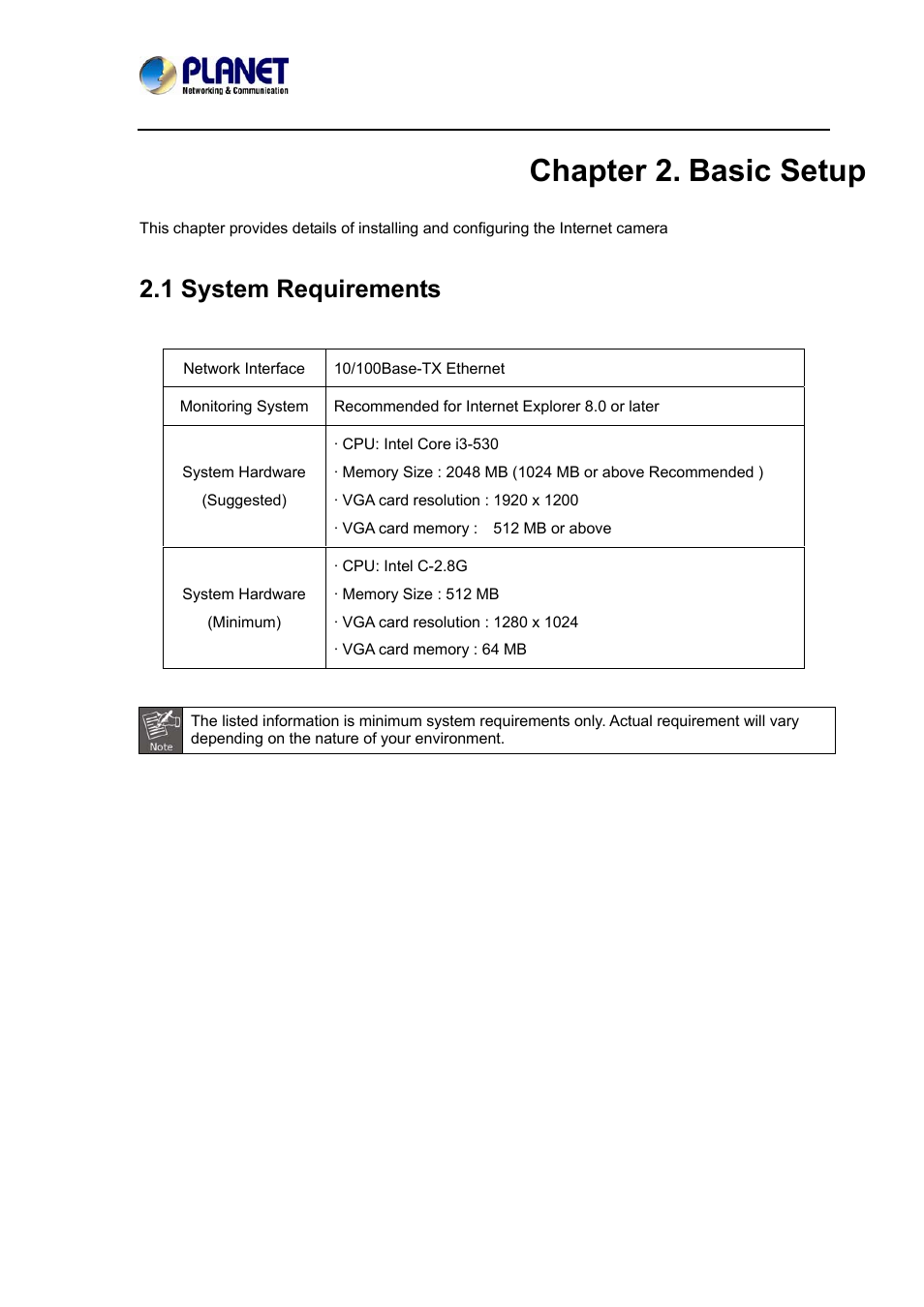 Chapter 2. basic setup, 1 system requirements, Chapter 2 | Basic setup | PLANET ICA-3550V User Manual | Page 13 / 81