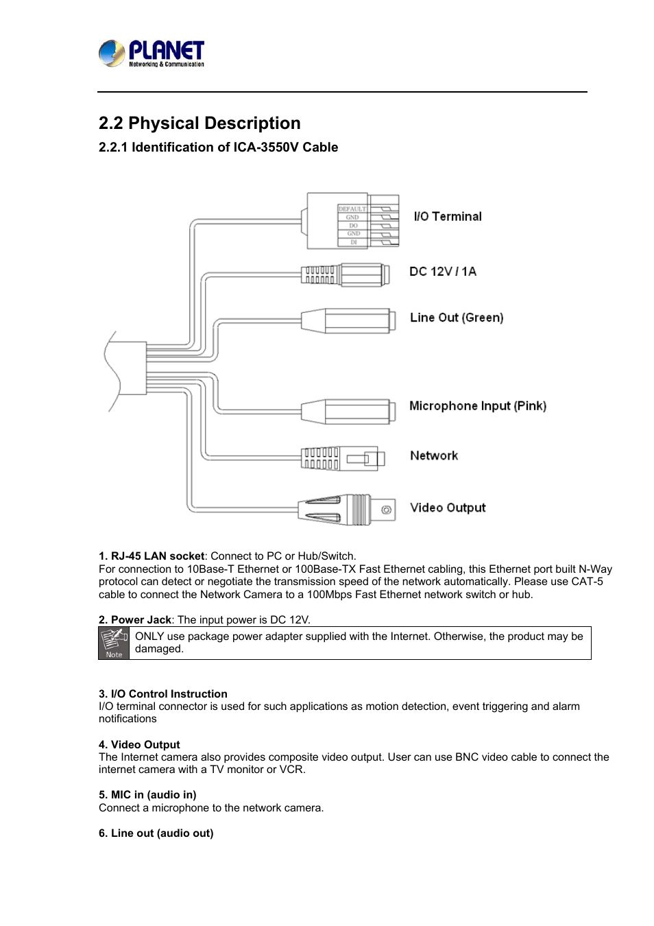 2 physical description, 1 identification of ica-3550v cable | PLANET ICA-3550V User Manual | Page 14 / 81