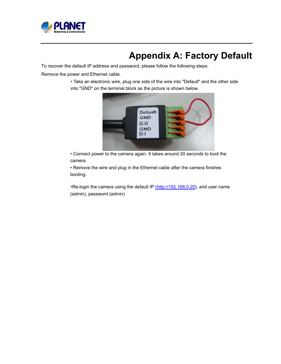 Appendix a: factory default | PLANET ICA-3550V User Manual | Page 70 / 81