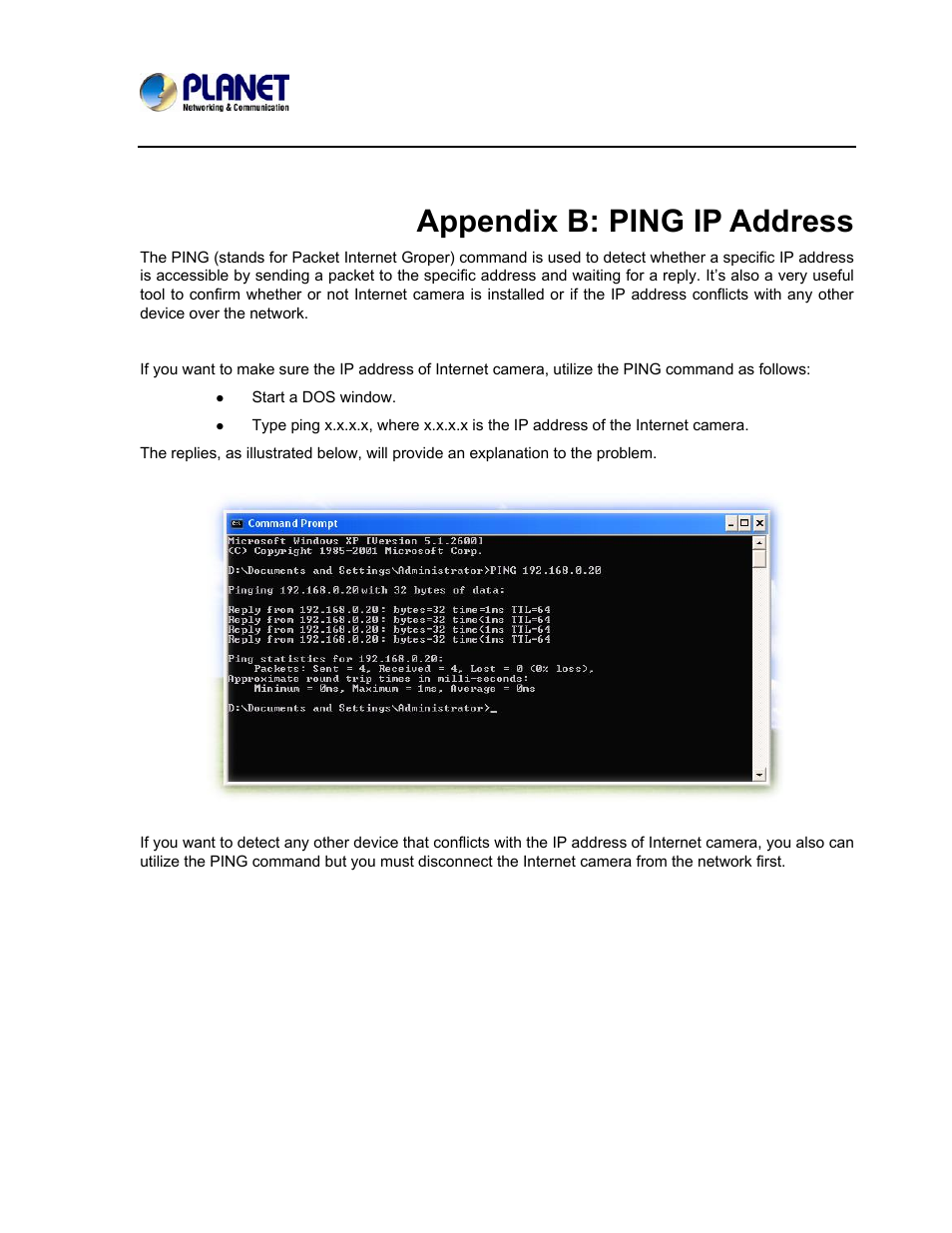 Appendix b: ping ip address | PLANET ICA-3550V User Manual | Page 71 / 81