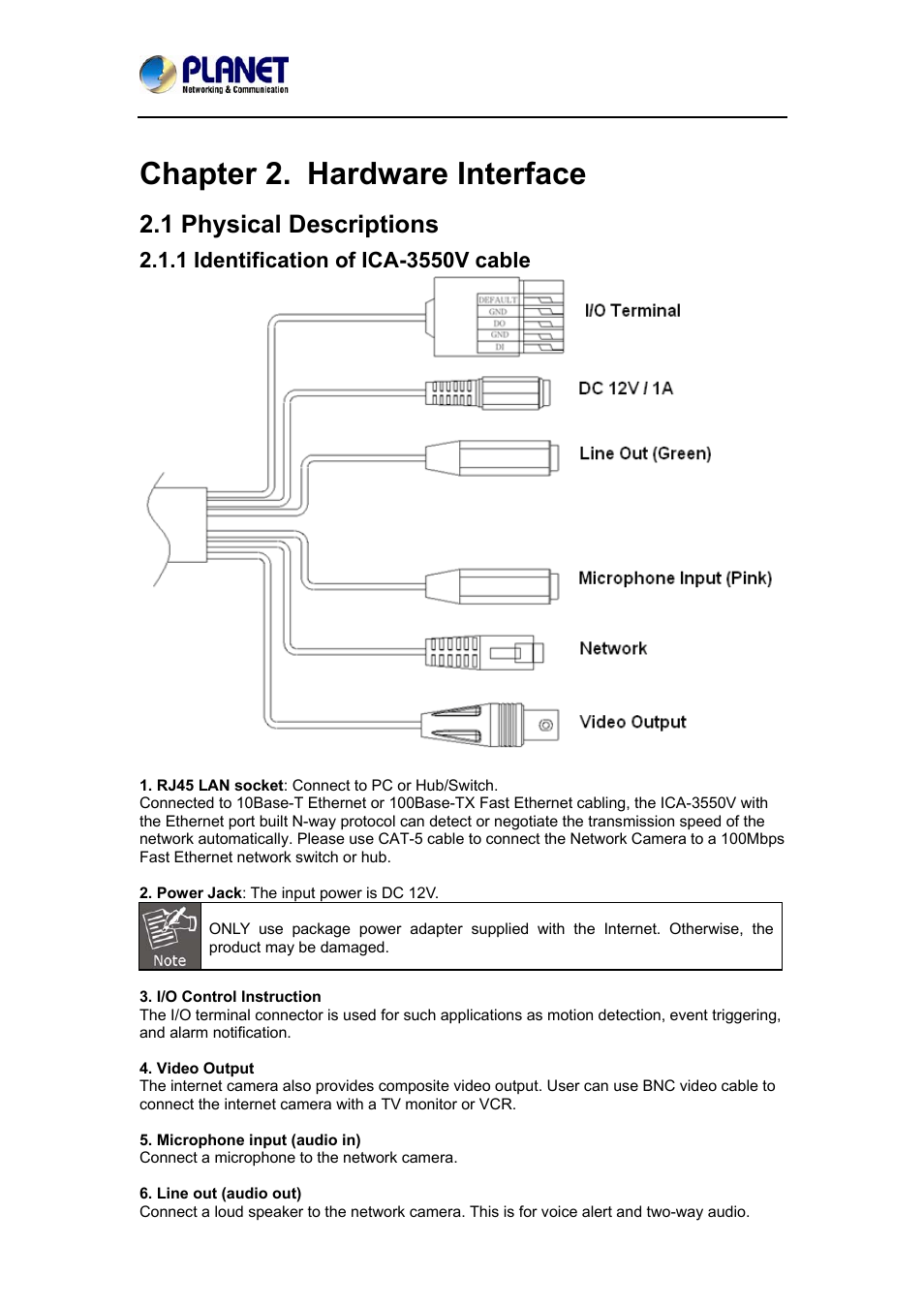 Chapter 2. hardware interface, 1 physical descriptions, 1 identification of ica-3550v cable | PLANET ICA-3550V User Manual | Page 12 / 74