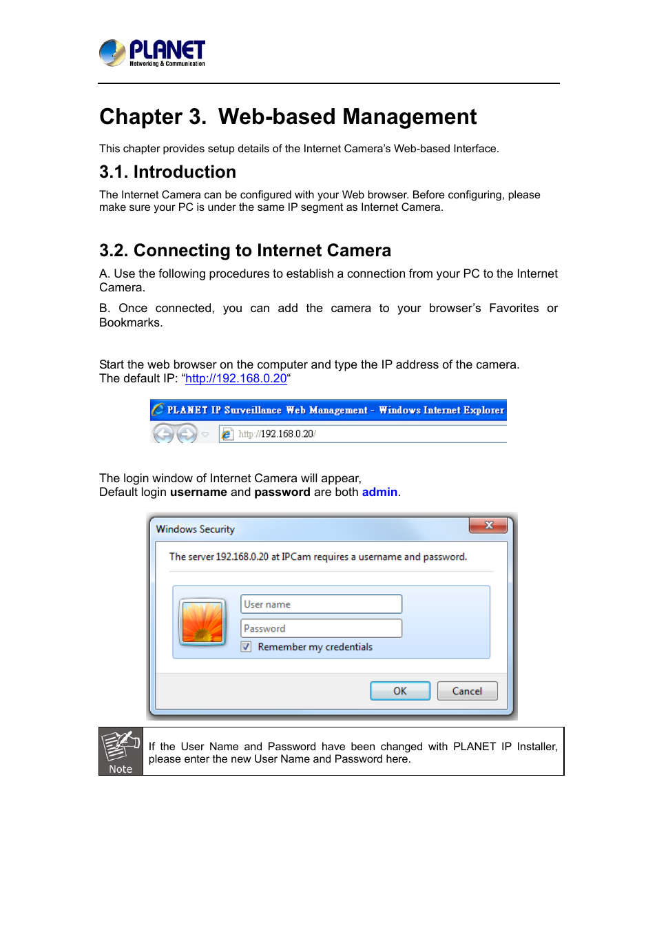 Chapter 3. web-based management, Introduction, Connecting to internet camera | Introduction 3.2. connecting to internet camera, B-based management, Chapter 3. we | PLANET ICA-3550V User Manual | Page 29 / 74