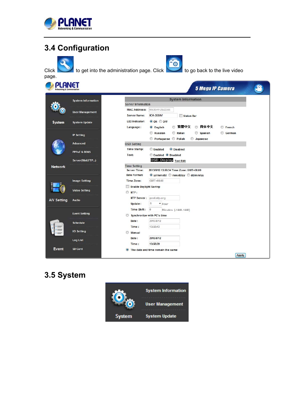 4 configuration, 5 system, 4 configuration 3.5 system | PLANET ICA-3550V User Manual | Page 33 / 74
