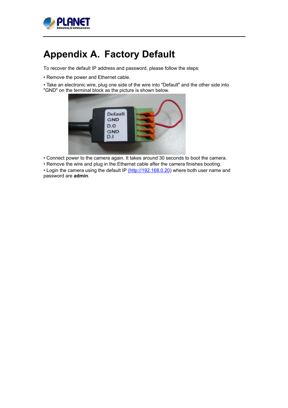 Appendix a. factory default | PLANET ICA-3550V User Manual | Page 63 / 74