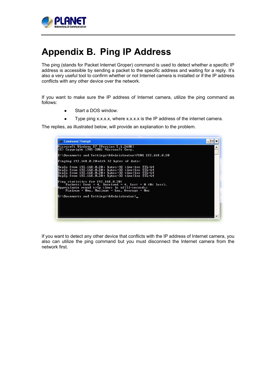 Appendix b. ping ip address, Appendix b. ping ip addres | PLANET ICA-3550V User Manual | Page 64 / 74