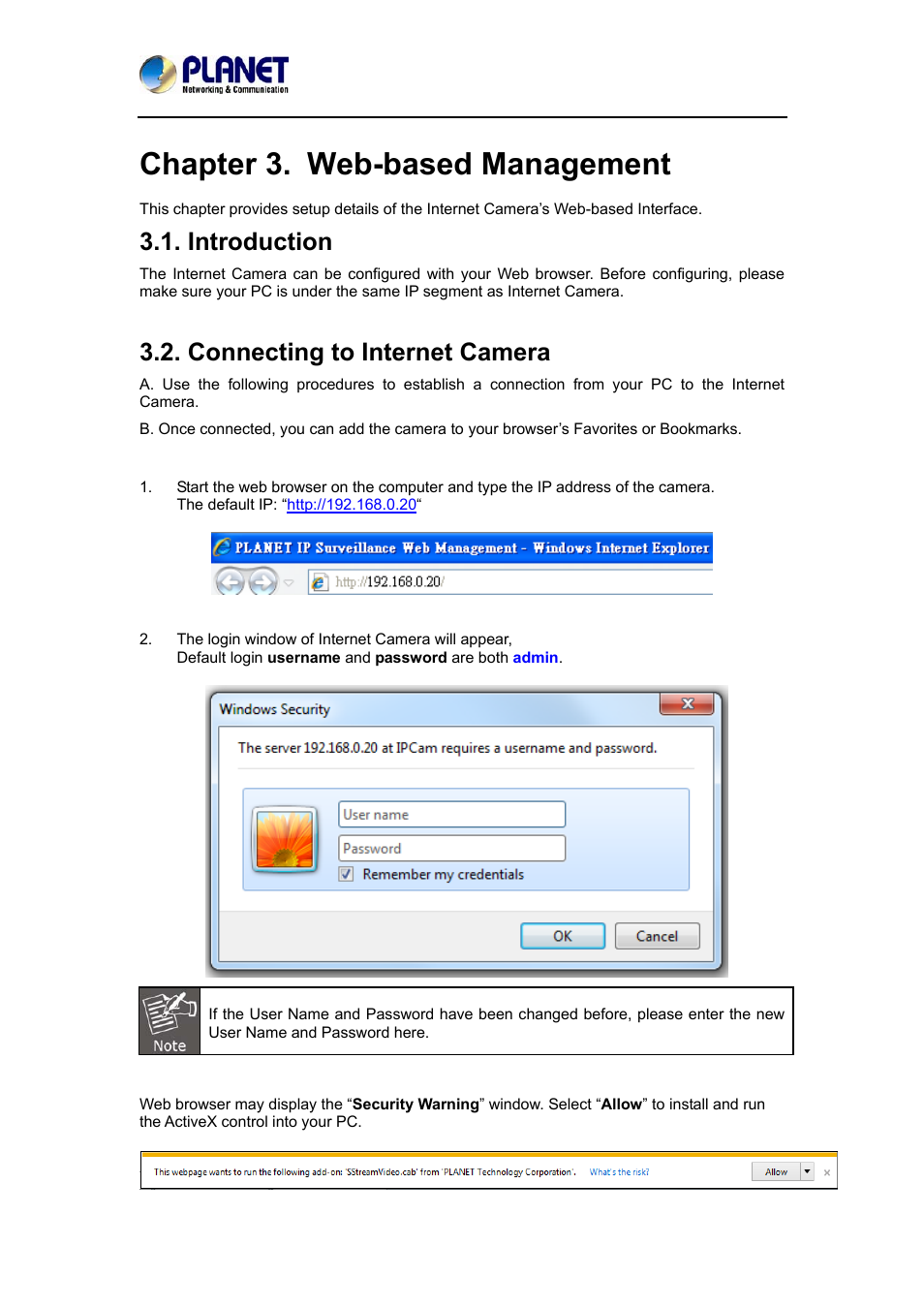 Chapter 3. web-based management, Introduction, Connecting to internet camera | PLANET ICA-4200 User Manual | Page 22 / 60