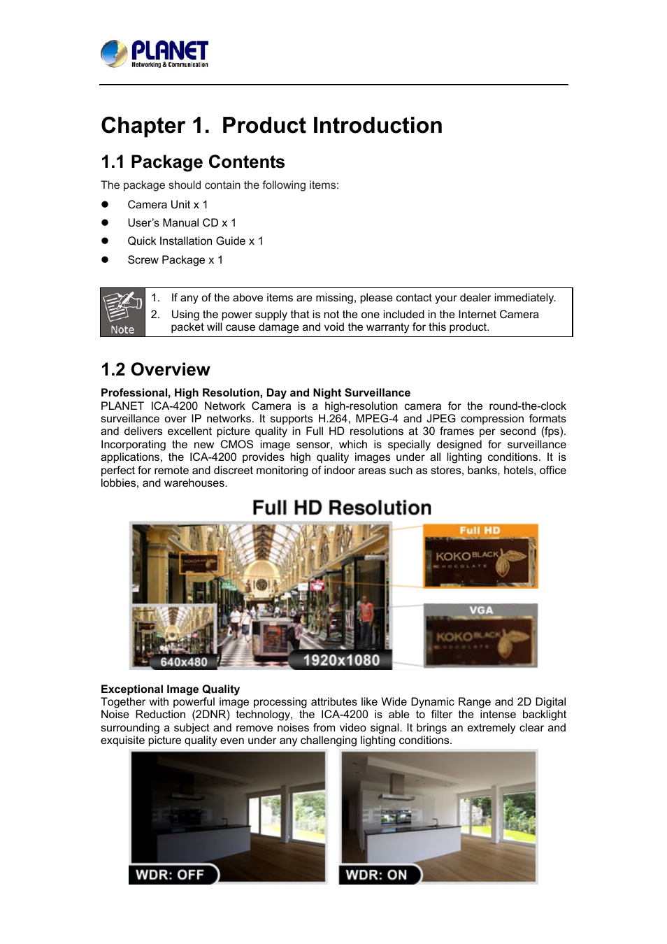 Chapter 1. product introduction, 1 package contents, 2 overview | PLANET ICA-4200 User Manual | Page 5 / 60