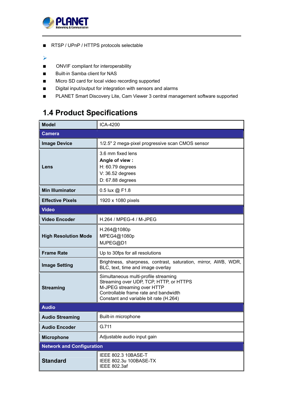 4 product specifications | PLANET ICA-4200 User Manual | Page 8 / 60