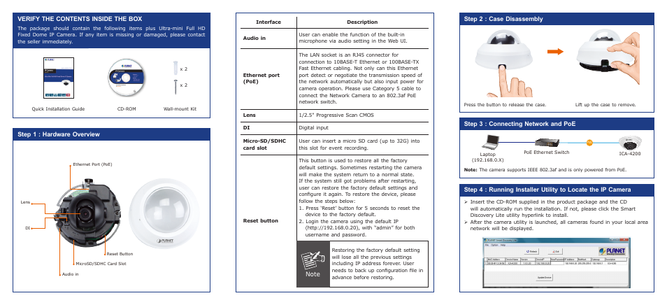 Verify the contents inside the box, Step 1 : hardware overview, Step 2 : case disassembly | Step 3 : connecting network and poe | PLANET ICA-4200 User Manual | Page 3 / 6