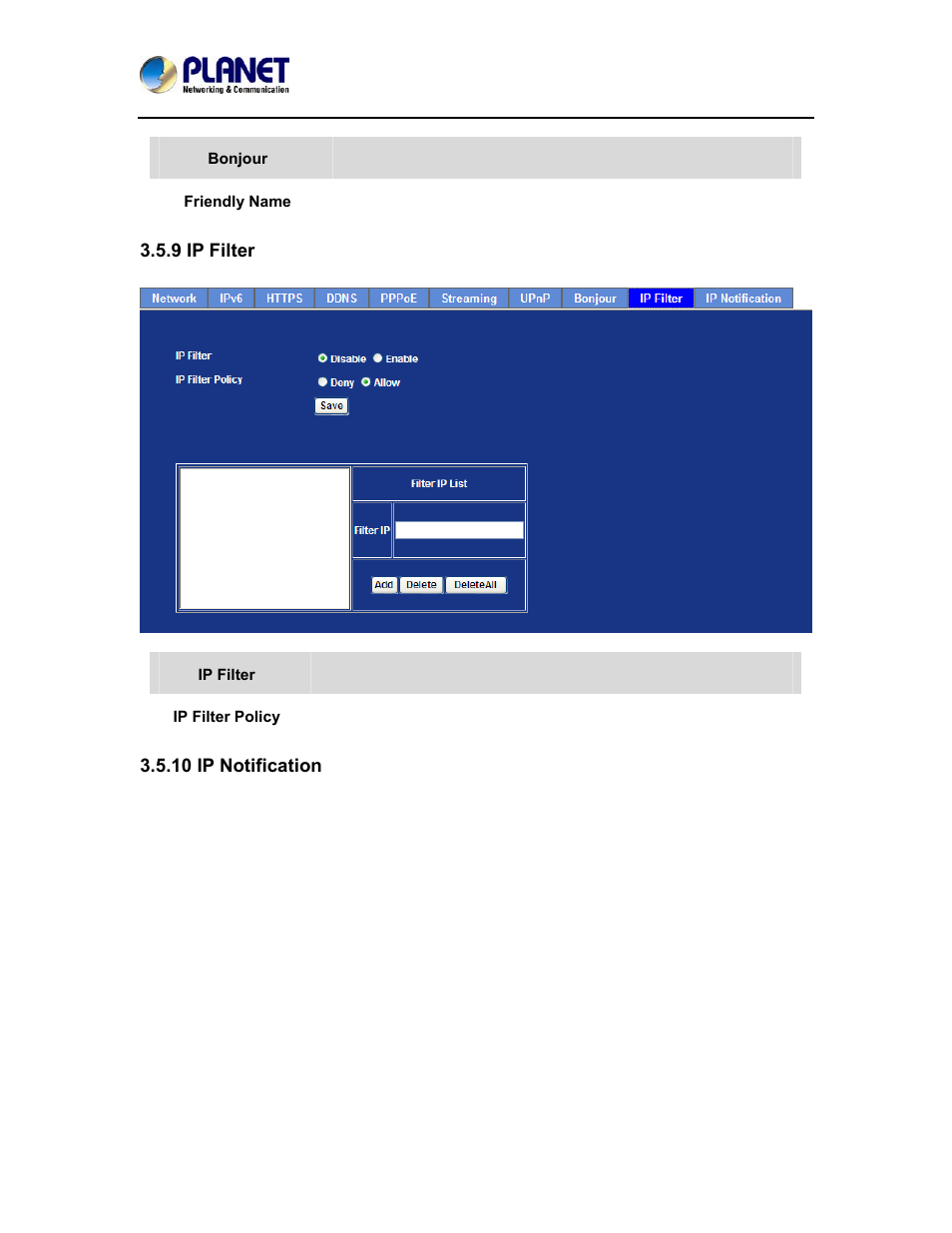 9 ip filter, 10 ip notification | PLANET ICA-4200V User Manual | Page 50 / 98
