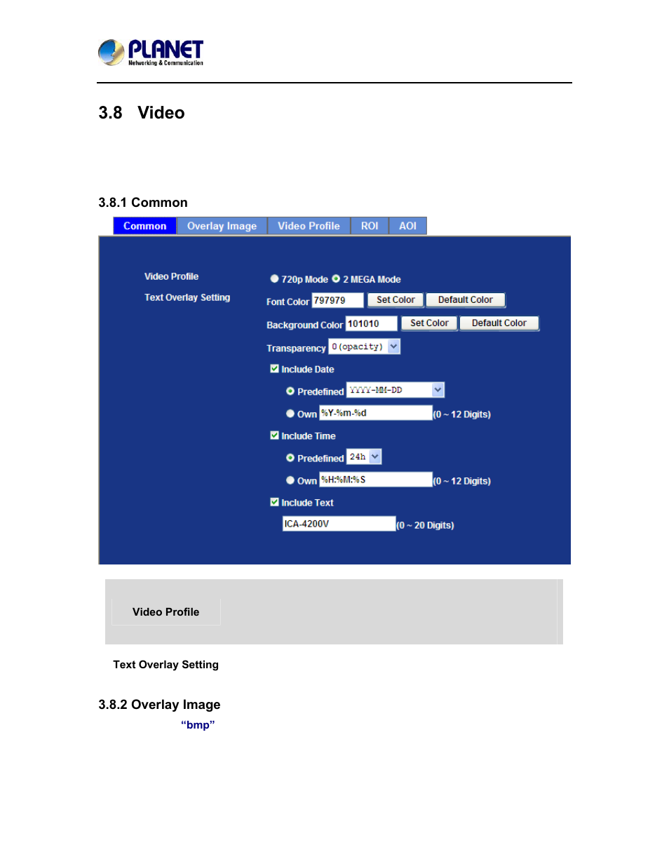 8 video, 1 common, 2 overlay image | Video | PLANET ICA-4200V User Manual | Page 62 / 98