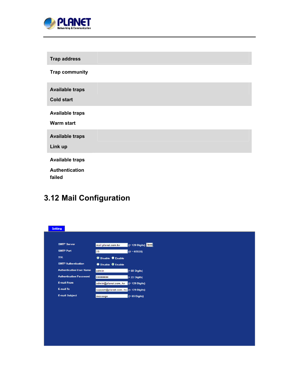 12 mail configuration | PLANET ICA-4200V User Manual | Page 70 / 98