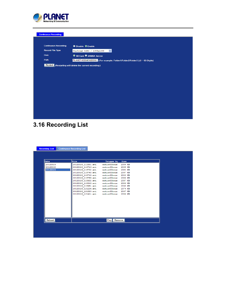 16 recording list | PLANET ICA-4200V User Manual | Page 76 / 98