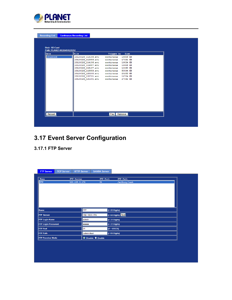 17 event server configuration, 1 ftp server, Event server configuration | PLANET ICA-4200V User Manual | Page 77 / 98