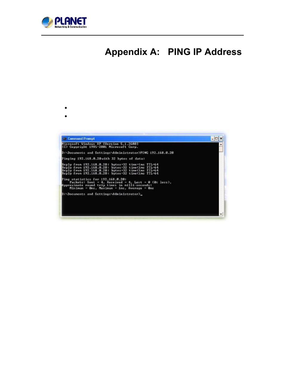 Appendix a: ping ip address | PLANET ICA-4200V User Manual | Page 86 / 98