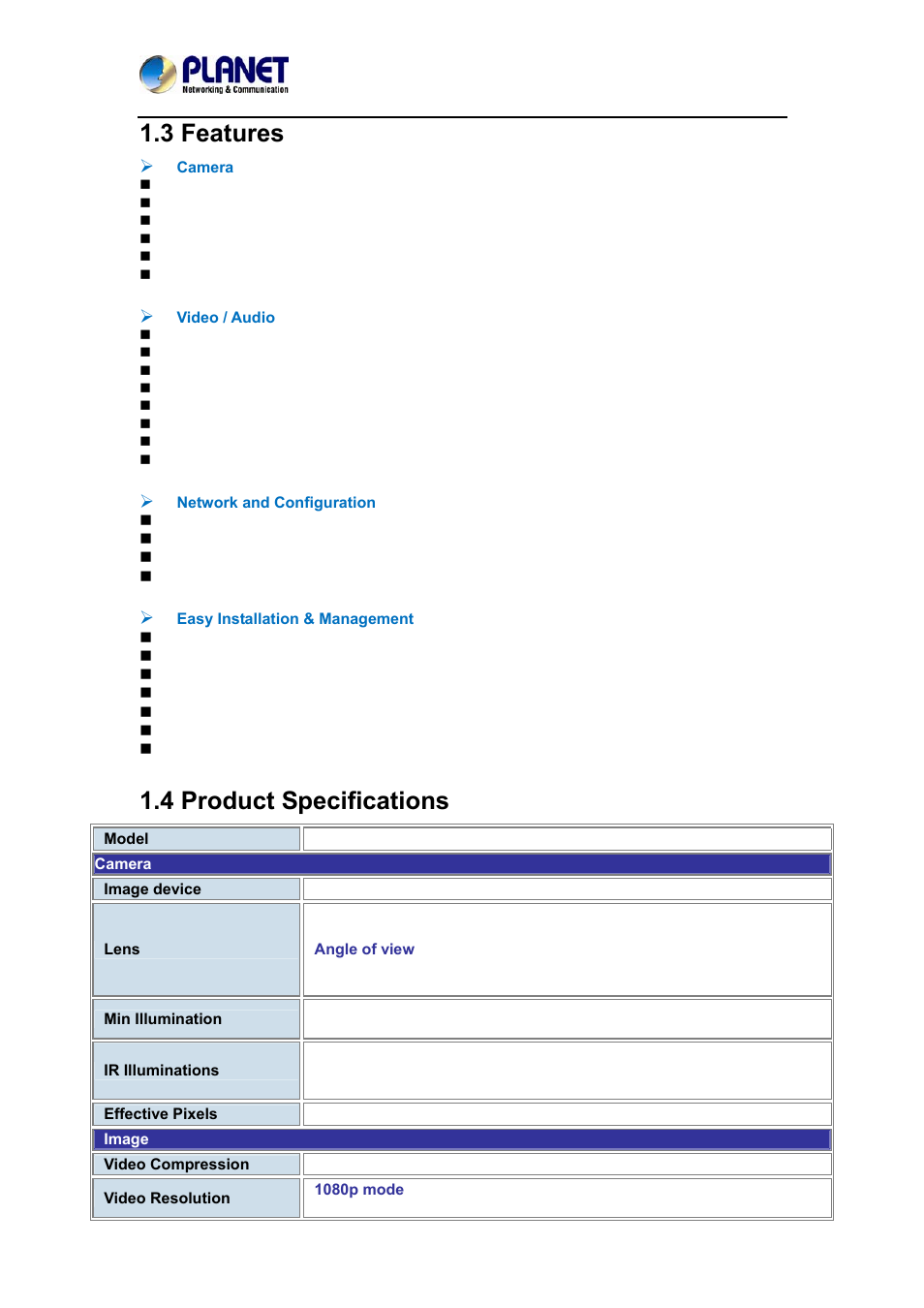 3 features, 4 product specifications, 3 features 1.4 product specifications | PLANET ICA-4200V User Manual | Page 10 / 87