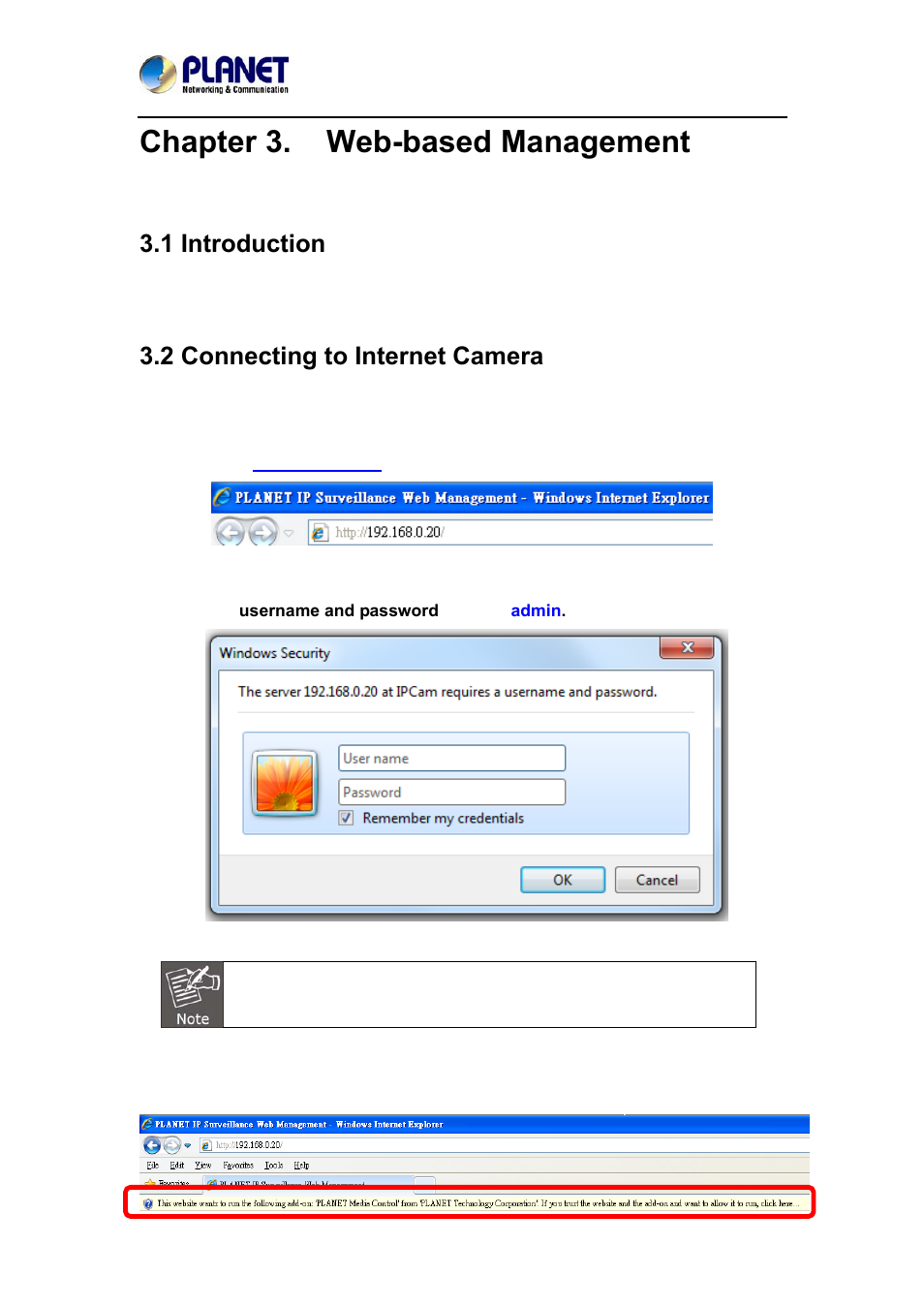 Chapter 3. web-based management, 1 introduction, 2 connecting to internet camera | 1 introduction 3.2 connecting to internet camera | PLANET ICA-4200V User Manual | Page 32 / 87