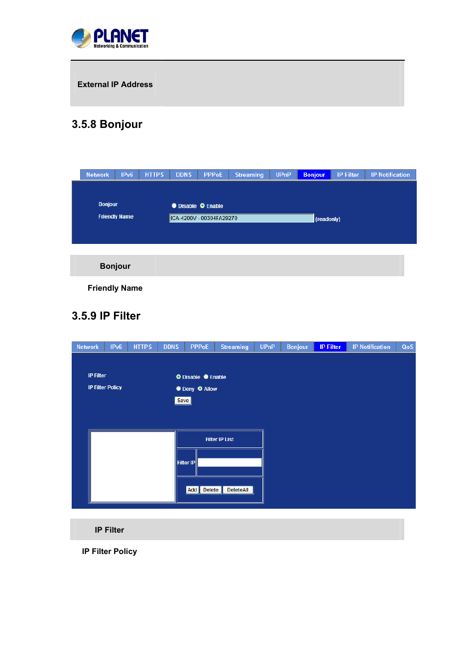 8 bonjour, 9 ip filter, 8 bonjour 3.5.9 ip filter | PLANET ICA-4200V User Manual | Page 44 / 87