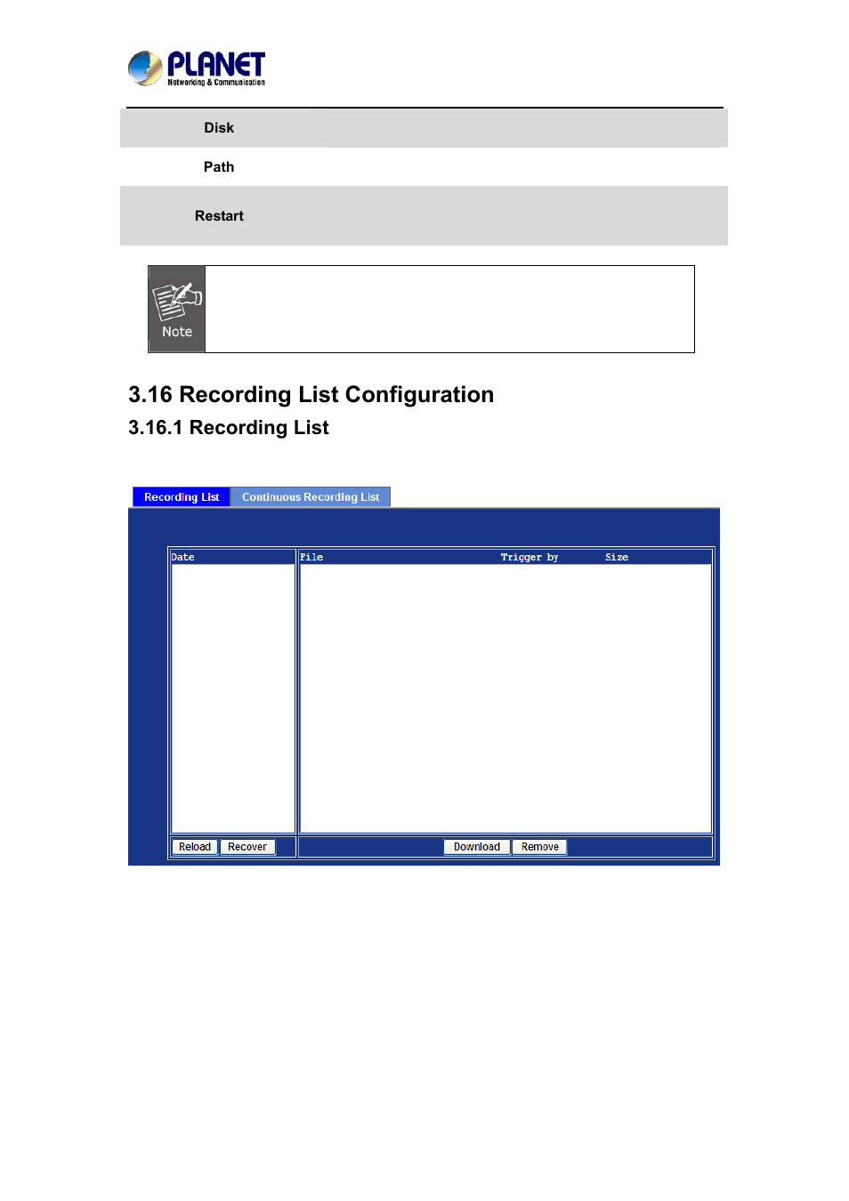 16 recording list configuration, 1 recording list | PLANET ICA-4200V User Manual | Page 68 / 87