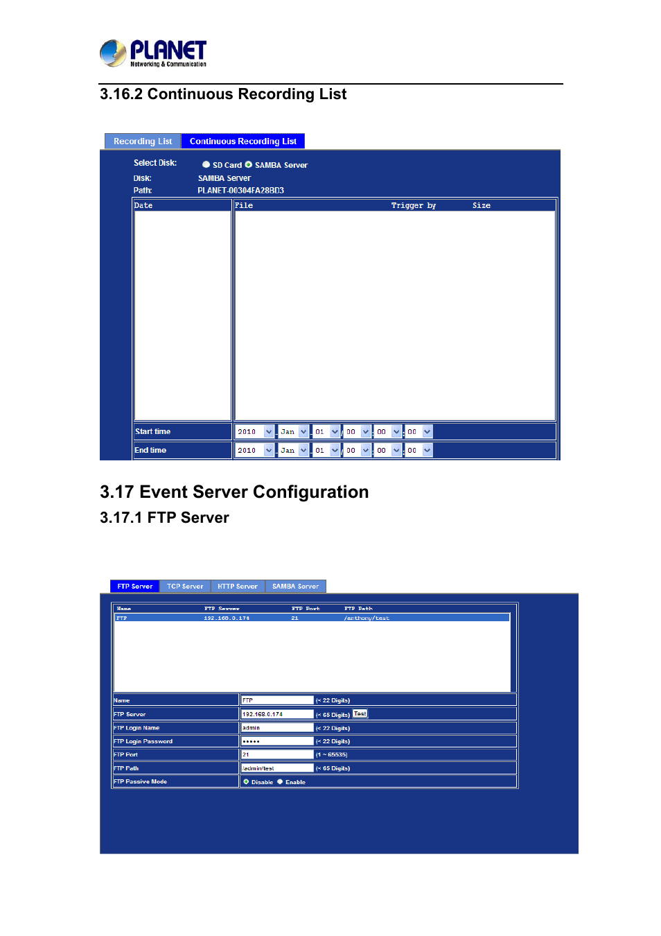 2 continuous recording list, 17 event server configuration, 1 ftp server | PLANET ICA-4200V User Manual | Page 69 / 87