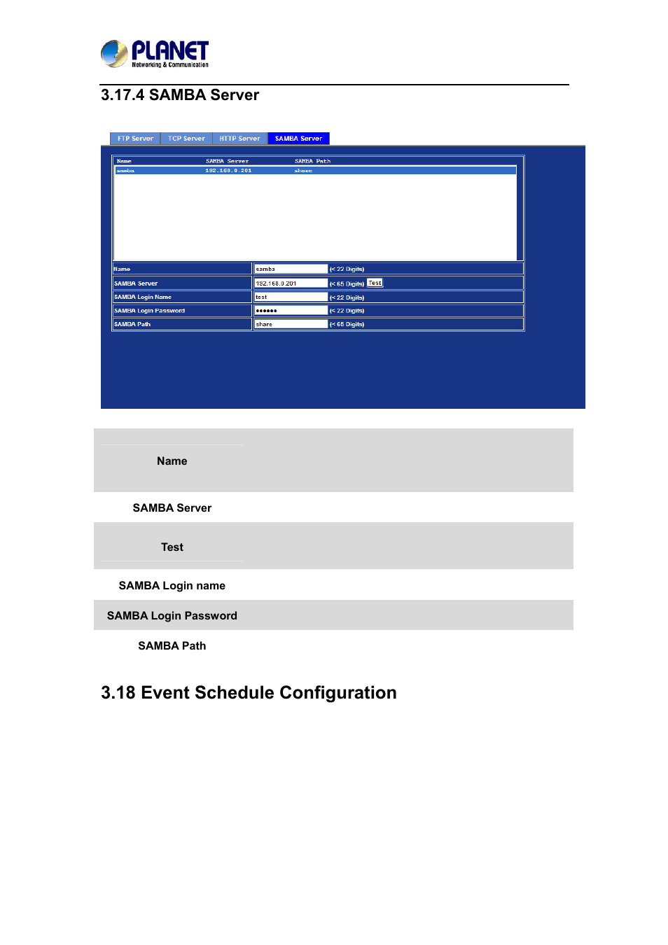 4 samba server, 18 event schedule configuration | PLANET ICA-4200V User Manual | Page 72 / 87