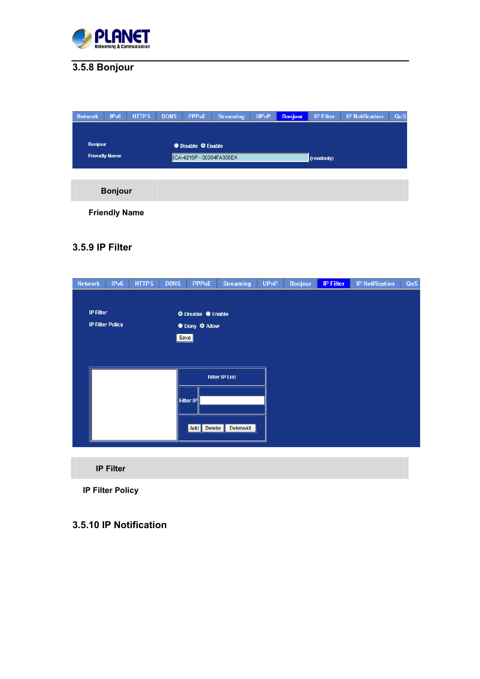 8 bonjour, 9 ip filter, 10 ip notification | 8 bonjour 3.5.9 ip filter 3.5.10 ip notification | PLANET ICA-4210P User Manual | Page 43 / 93