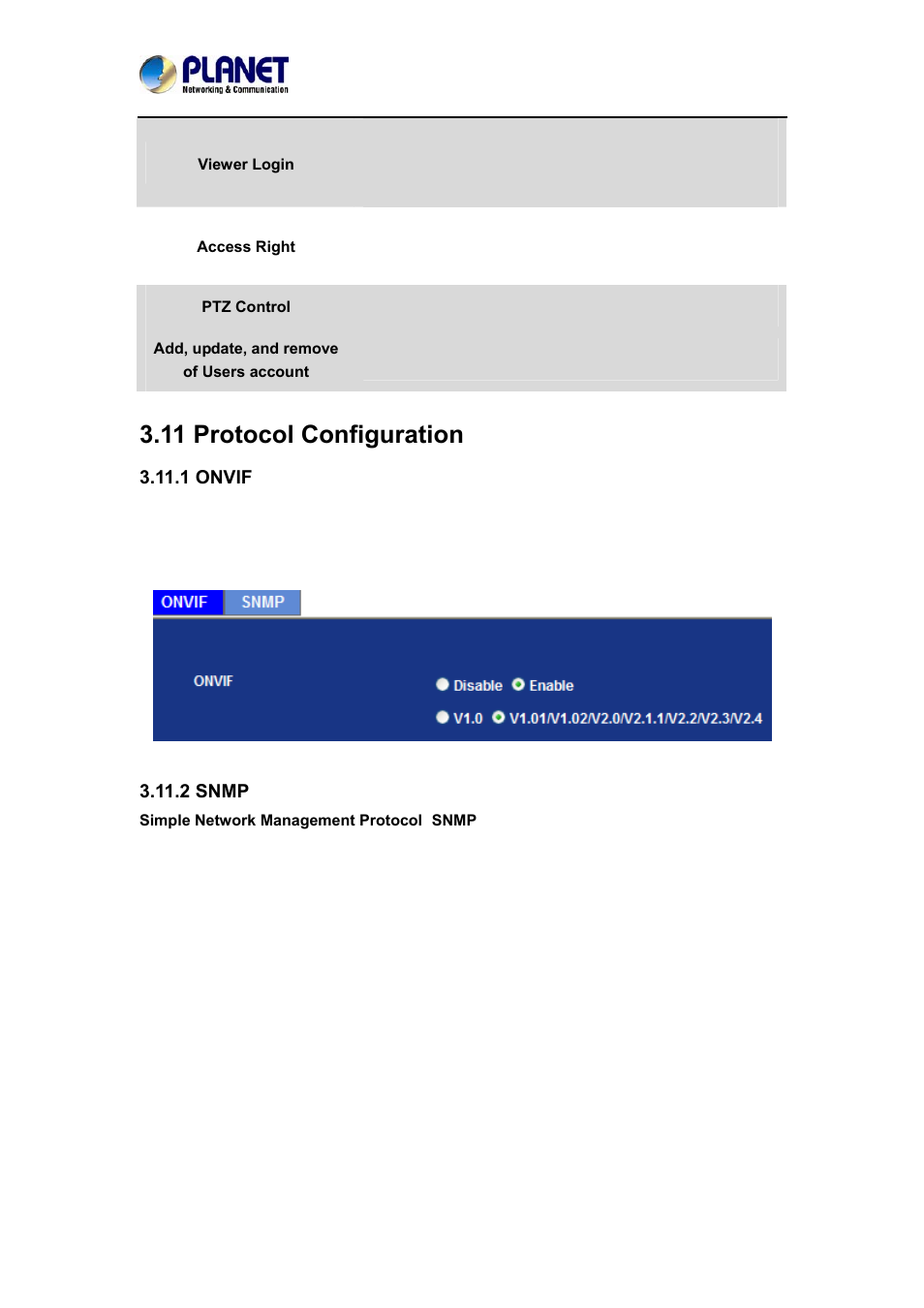 11 protocol configuration, 1 onvif, 2 snmp | 1 onvif 3.11.2 snmp | PLANET ICA-4210P User Manual | Page 63 / 93
