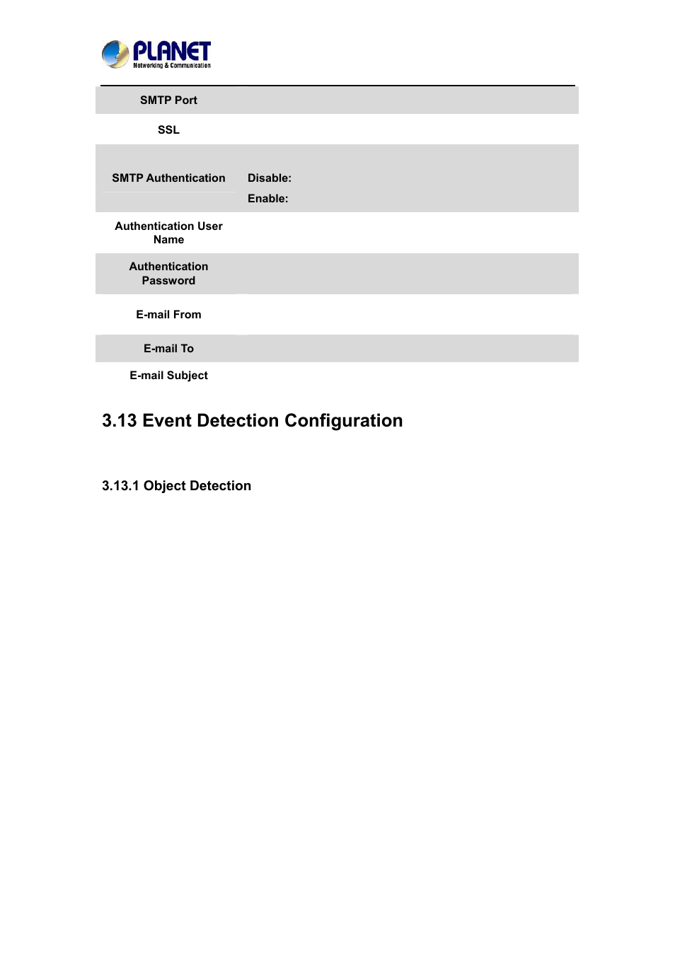 13 event detection configuration, 1 object detection | PLANET ICA-4210P User Manual | Page 65 / 93