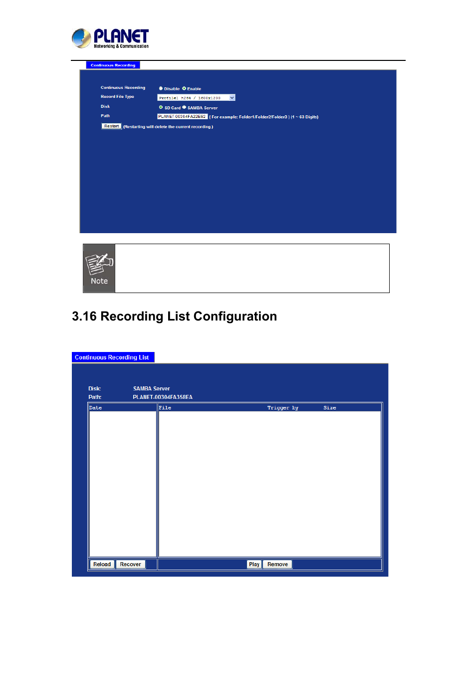 16 recording list configuration | PLANET ICA-4210P User Manual | Page 73 / 93