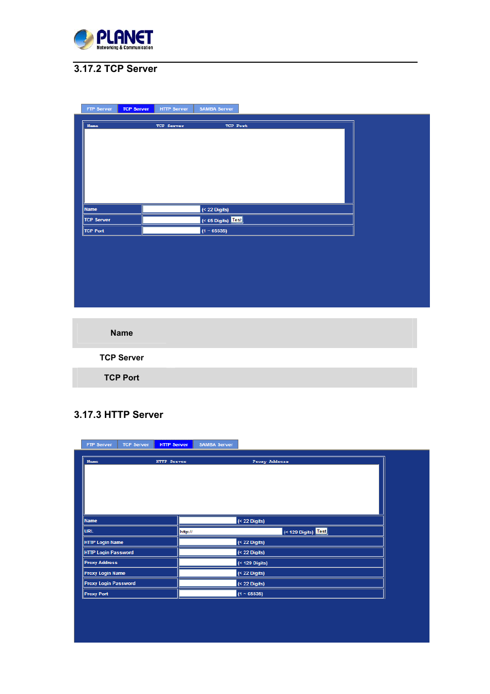 2 tcp server, 3 http server, 2 tcp server 3.17.3 http server | PLANET ICA-4210P User Manual | Page 75 / 93