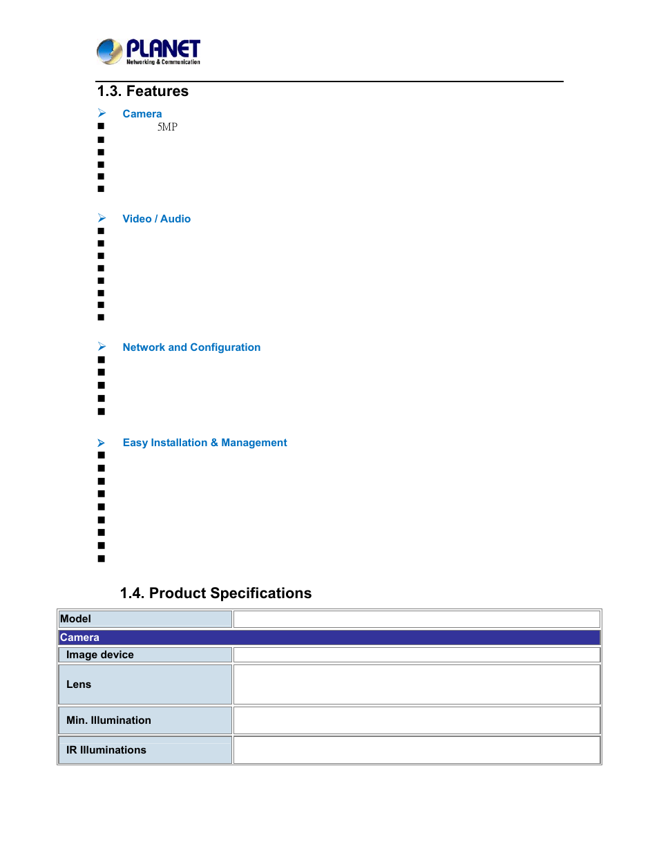 Features, Product specifications | PLANET ICA-4500V User Manual | Page 10 / 99