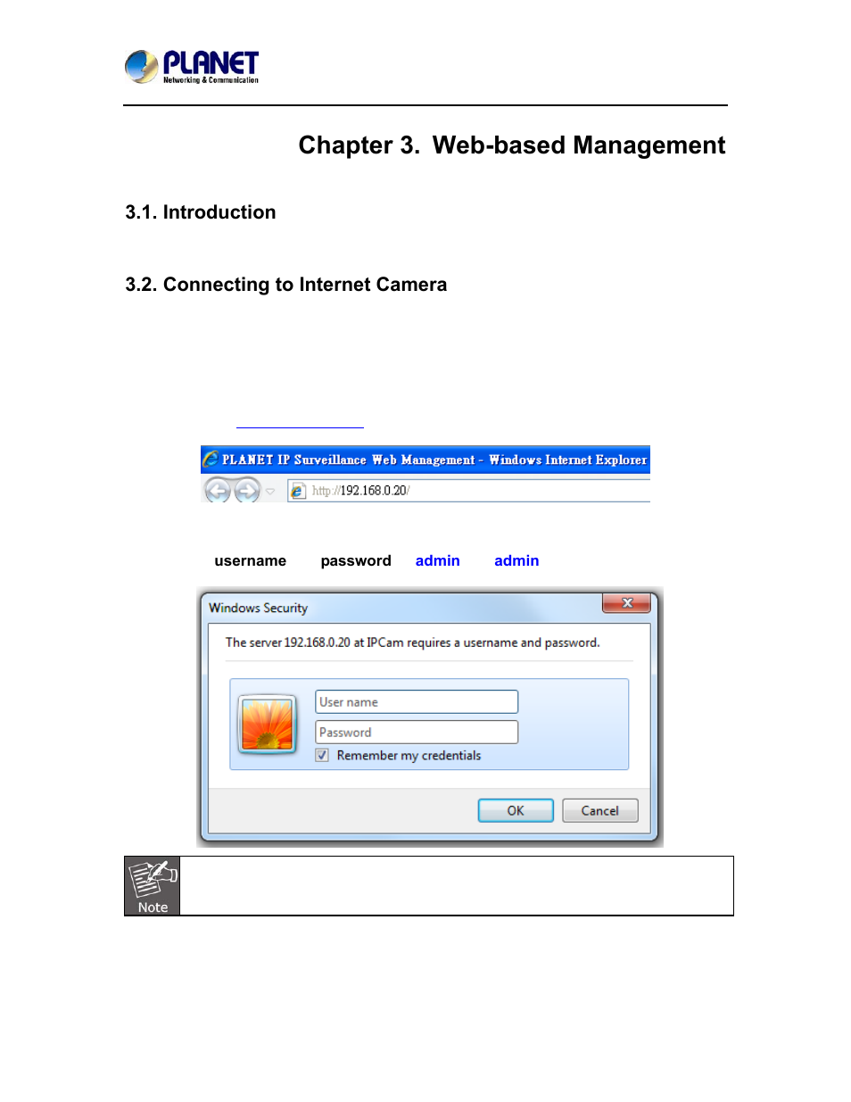 Chapter 3. web-based management, Introduction, Connecting to internet camera | Chapter 3, Web-based management | PLANET ICA-4500V User Manual | Page 36 / 99