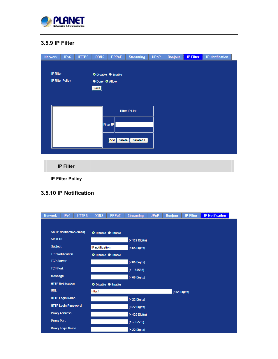 9 ip filter, 10 ip notification | PLANET ICA-4500V User Manual | Page 51 / 99