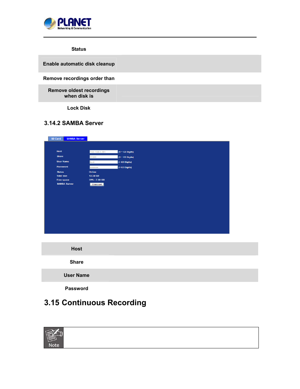 2 samba server, 15 continuous recording, Continuous recording | PLANET ICA-4500V User Manual | Page 76 / 99