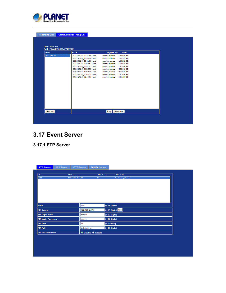 17 event server, 1 ftp server, Event server | PLANET ICA-4500V User Manual | Page 78 / 99