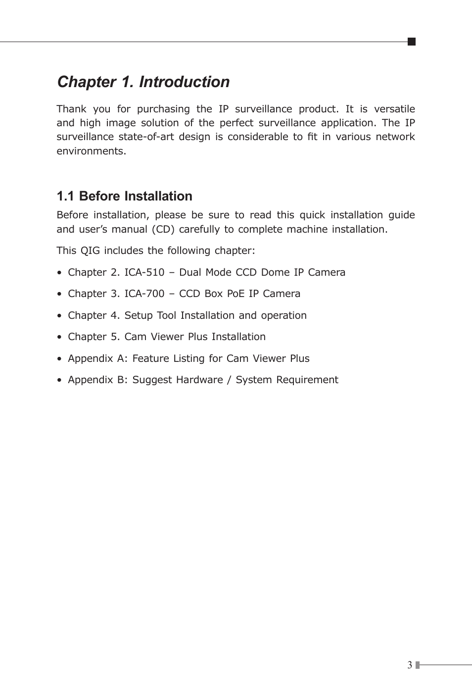 Chapter 1. introduction, 1 before installation | PLANET ICA-510 User Manual | Page 3 / 28